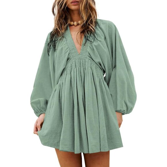 Dresses & Skirts - Women’s Spring Long Sleeve V Neck Casual Loose Flowy Ruffle Mini Dress